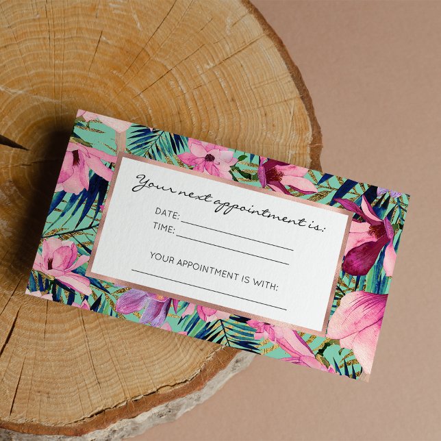 Den moderna blommigten för den tropiska rosan, mar tidsbeställning kort (Tropical pink navy blue aqua gold modern floral appointment card)