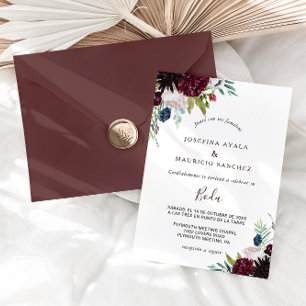 Den moderna Blommigten i Burgundy, spanska Bröllo Inbjudningar