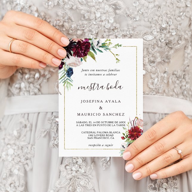 Den moderna  Blommigten i Burgundy, spanska Bröllo Inbjudningar (Skapare uppladdad)