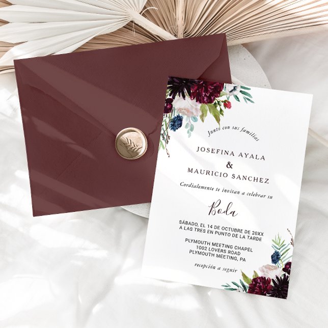 Den moderna  Blommigten i Burgundy, spanska Bröllo Inbjudningar (Skapare uppladdad)