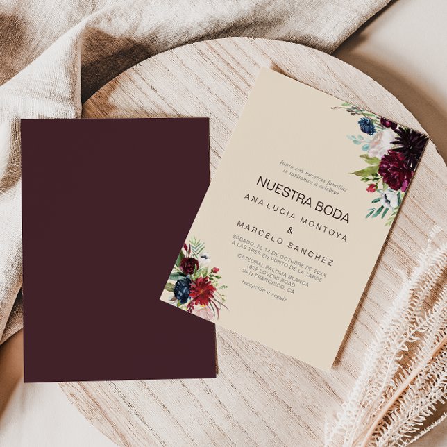 Den moderna  Blommigten i Burgundy, spanska Bröllo Inbjudningar (Skapare uppladdad)