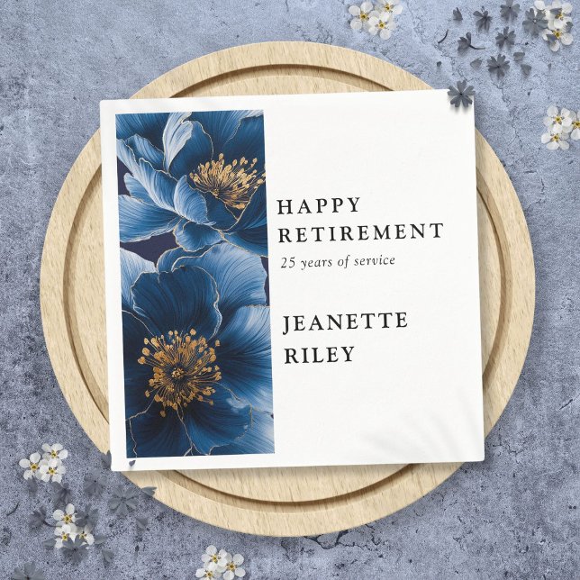 Den moderna Blommigten Lycklig Pension i den marin Pappersservett (Navy Blue Elegant Modern Floral Happy Retirement Napkins)