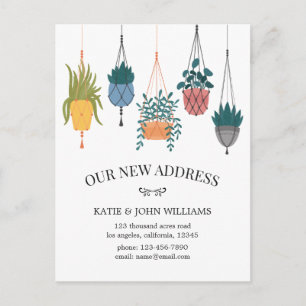 Den moderna blommigten planterar nytt hem- röra meddelande vykort