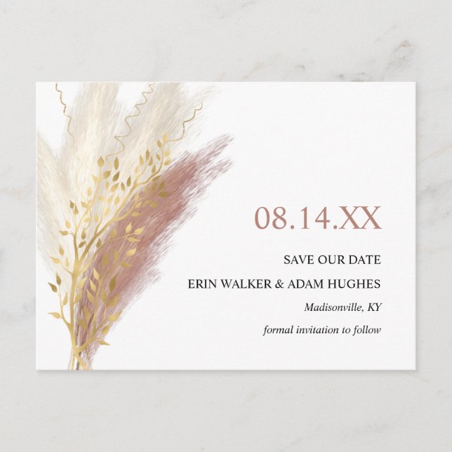 Den moderna boho Rosa Guld Pampas Grass Save Date Meddelande Vykort (Framsida)