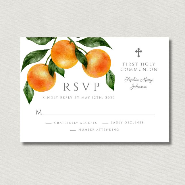 Den moderna botaniska Citrus-Religiösan Första gem OSA Kort (Modern Botanical Citrus Religious First Communion RSVP Card)