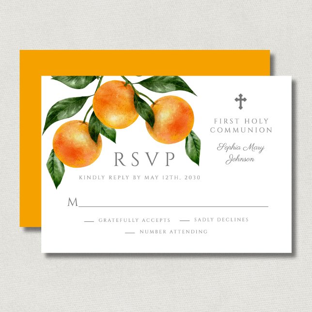 Den moderna botaniska Citrus-Religiösan Första gem OSA Kort (Modern Botanical Citrus Religious First Communion RSVP Card)
