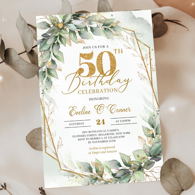 Den moderna botaniska grönmannen löv guld 50-årsda inbjudningar (Bohemian green eucalyptus and gold frame 50th birthday invitation digital)