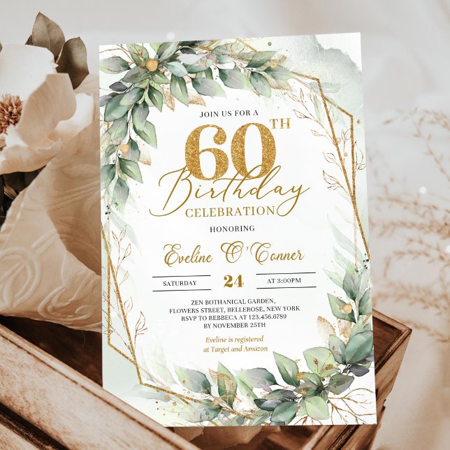 Den moderna botaniska grönmannen löv guld fyller 6 inbjudningar (Elegant botanical green eucalyptus gold geometric 60th birthday invitation downloadable)