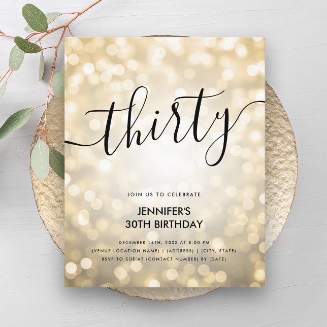 Den moderna BUDGETEN Guld Glitter Ljus 30års födel (Modern BUDGET Gold Glitter Lights 30th Birthday )