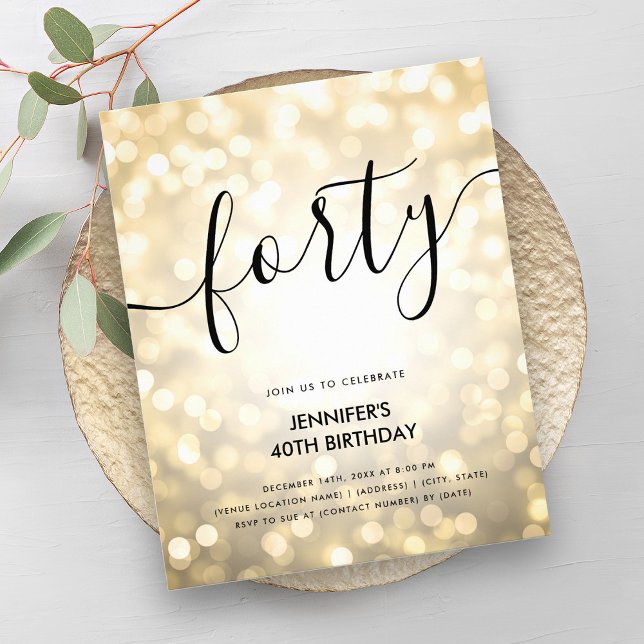 Den moderna BUDGETEN Guld Glitter Ljus 40:e födels Flygblad (Modern BUDGET Gold Glitter Lights 40th Birthday Flyer)