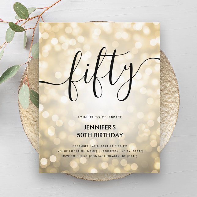 Den moderna BUDGETEN Guld Glitter Ljus 50:e födels (Modern BUDGET Gold Glitter Lights 50th Birthday)