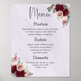 Den moderna Burgundy  Blommigten Bröllop Menu Post Poster