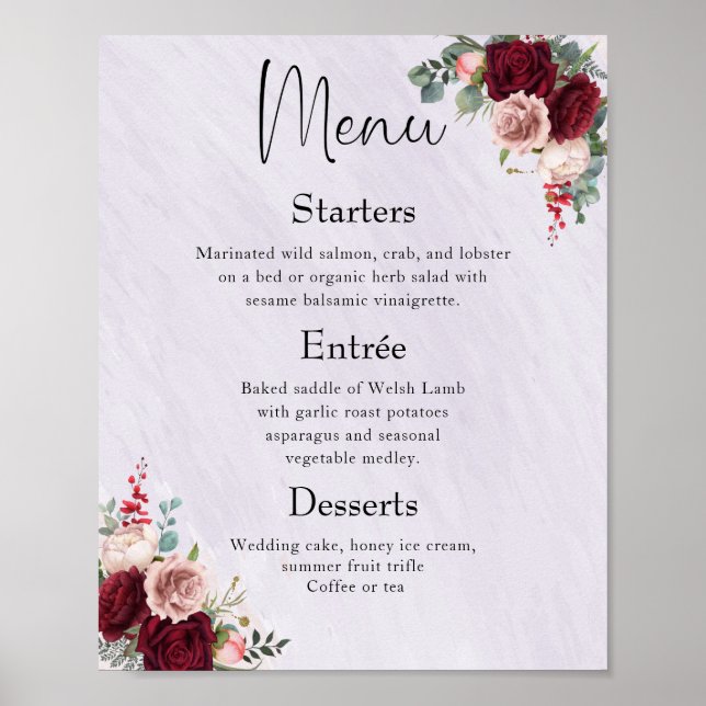 Den moderna Burgundy  Blommigten Bröllop Menu Post Poster (Framsidan)