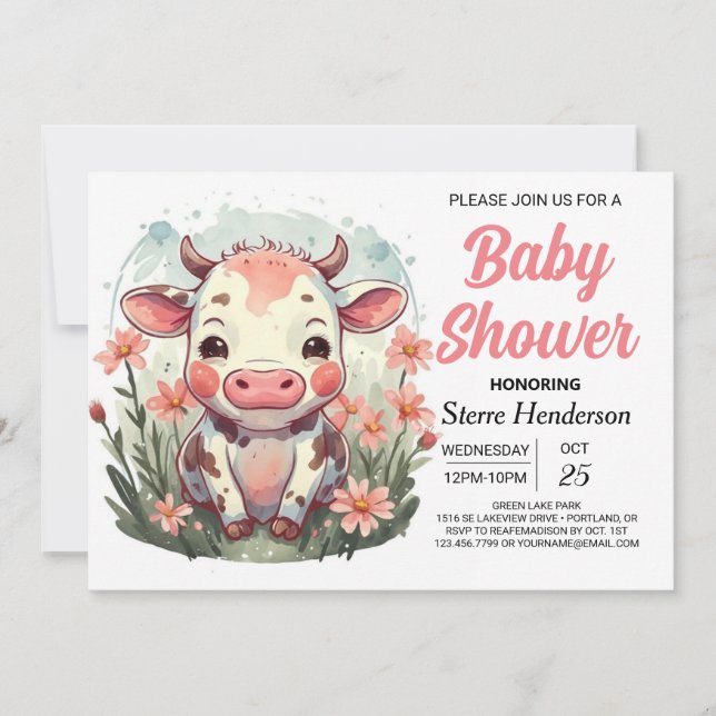Den moderna Chicen Cute Cow Baby Shower Inbjudningar (Framsida)