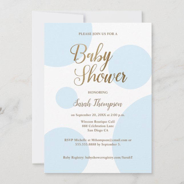 Den moderna Chicen Polka Guld Blue Baby Shower Inbjudningar (Framsida)