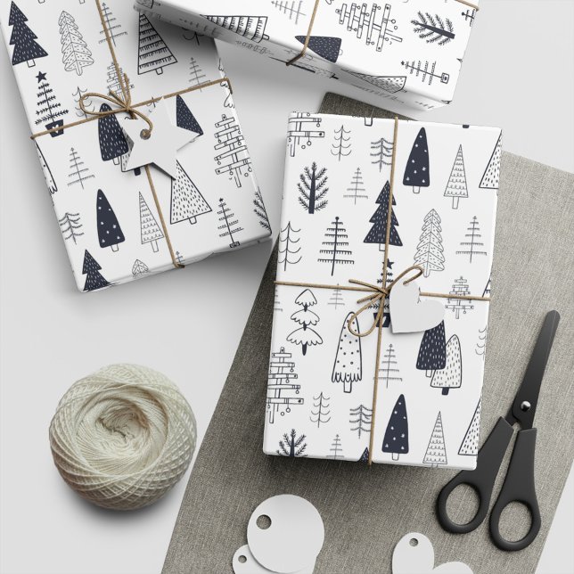 Den moderna Doodle-Vilden Forest Gräs Träd Presentpapper (Modern Doodle Christmas Wild Forest Pine Trees Wrapping Paper:)