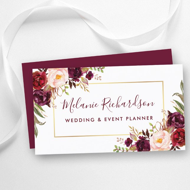 Den moderna Elegant Guld Burgundy-Blommigten Ram Visitkort (Customize to change text size, color or text style.)