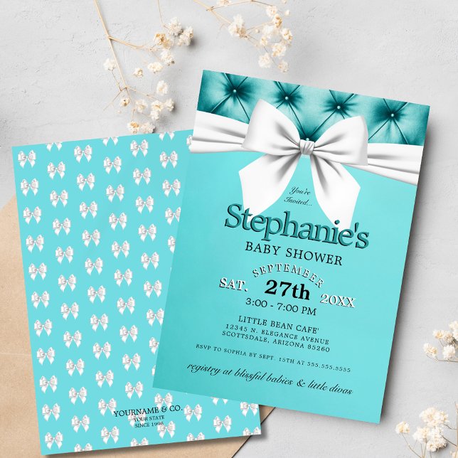 Den moderna Eleganten Aqua Blue Tiffany Baby Showe Inbjudningar (elegant teal blue tiffany theme baby shower invitation with chic white bow and tufted satin graphics)