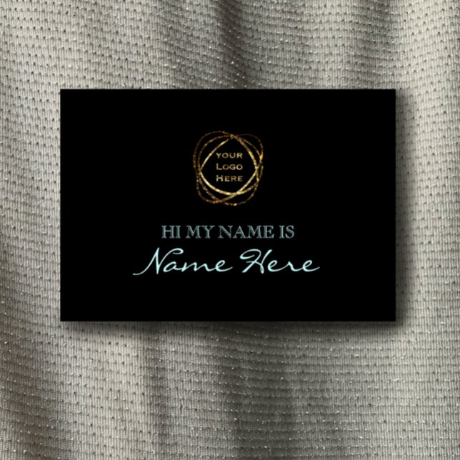 Den moderna Eleganten Black Aqua Add Business Logo Namnbricka (Customize this stylish, cool aqua teal on black name tag. Add own logo and personalized script.)