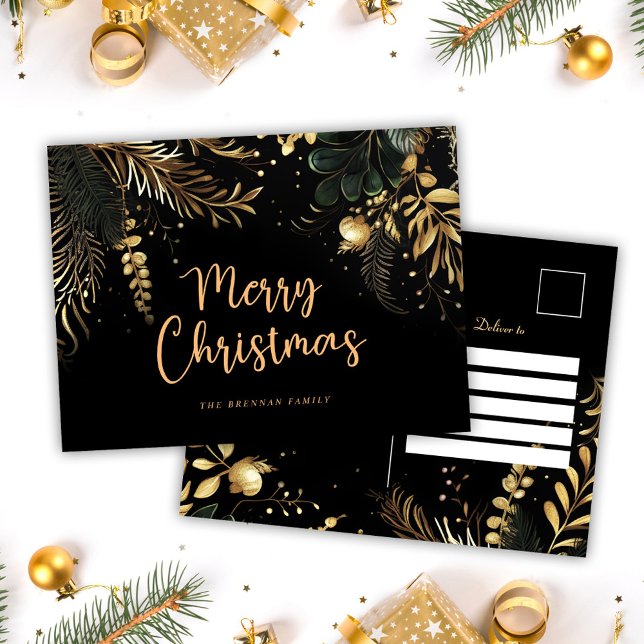Den moderna Eleganten Black Guld, botaniska julen Helg Vykort (Modern Elegant Black Gold Botanical Christmas Holiday Postcard)