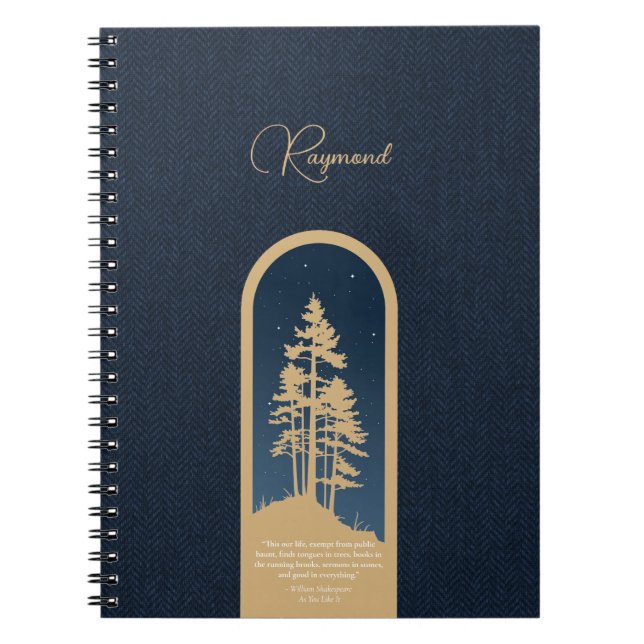 Den moderna Eleganten Forest Guld Deep Blue Script Anteckningsbok (Framsidan)
