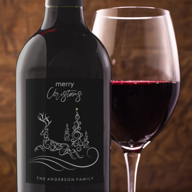 Den moderna Eleganten God jul Träd och renar Vinflaska Etikett (Skapare uppladdad)