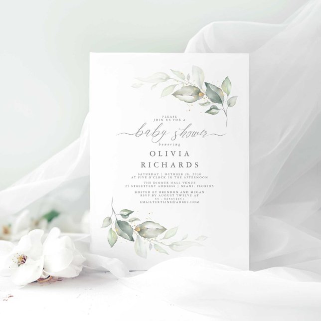 Den moderna Eleganten Greenery Cute Baby Shower Inbjudningar (Minimalist Greenery Elegant Baby Shower Invitations)