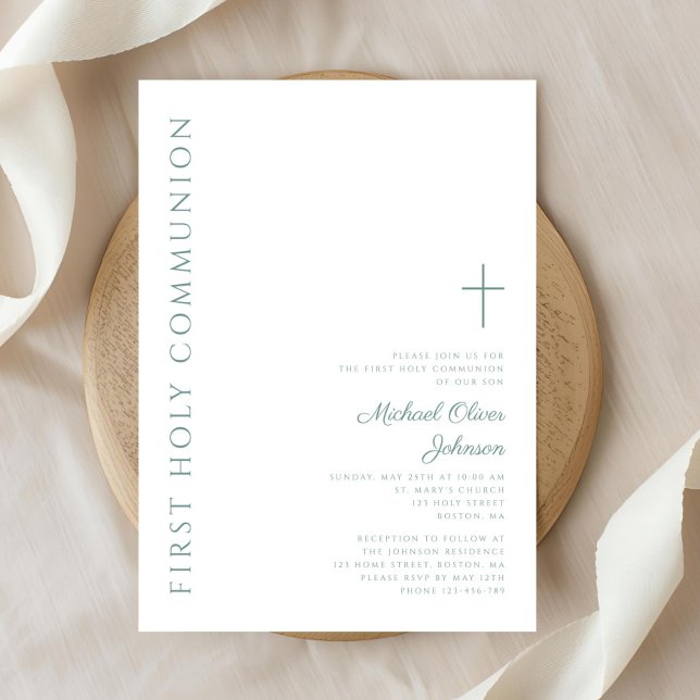 Den moderna Eleganten Grönt Kor Första Heligan Kom Inbjudningar (Modern Elegant Green Cross First Holy Communion Invitation)