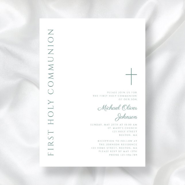 Den moderna Eleganten Grönt Kor Första Heligan Kom Inbjudningar (Modern Elegant Green Cross First Holy Communion Invitation)