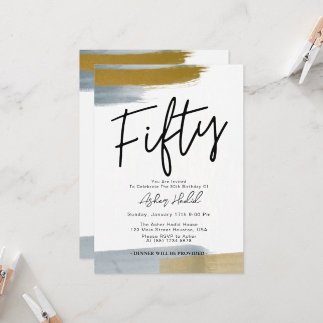 Den moderna Eleganten Guld 50:e Födelsedagsfesten Inbjudningar (Fram/Back In Situ)