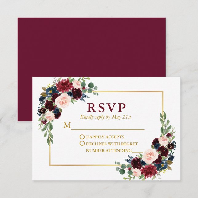 Den moderna Eleganten Guld Burgundy Blue Blommigt  OSA Kort (Fram/baksida)