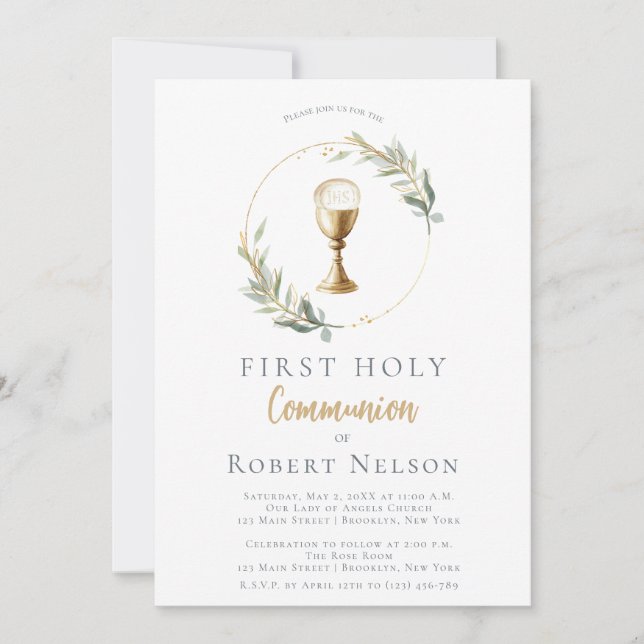 Den moderna Eleganten Guld Circle First Communion Inbjudningar (Framsida)