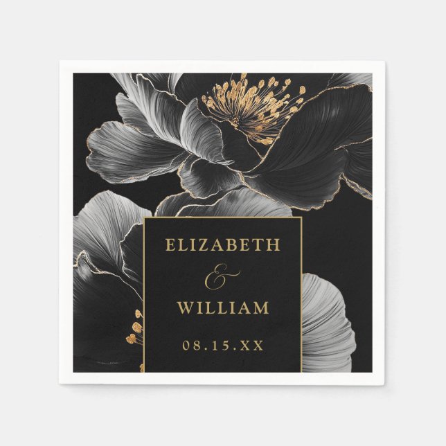 Den moderna Eleganten i Svarta och Guld Blommigt i Pappersservett (Framsidan)