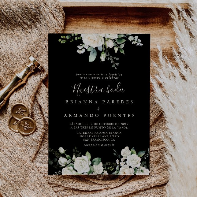 Den moderna Eleganten Ivory Blommigt Nuestra Boda  Inbjudningar (Skapare uppladdad)