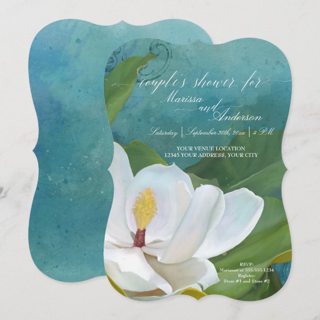 Den moderna Eleganten Magnolia Blommigt Blue Par S Inbjudningar (Fram/baksida)