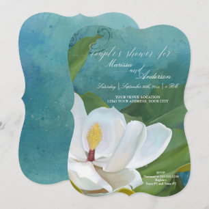 Den moderna Eleganten Magnolia Blommigt Blue Par S Inbjudningar