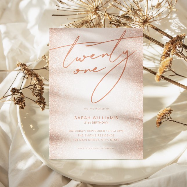 Den moderna  Eleganten Ro Guld 21:a födelsedagen v Inbjudningar (Modern Blush Rose Gold Elegant 21st Birthday Invitation)