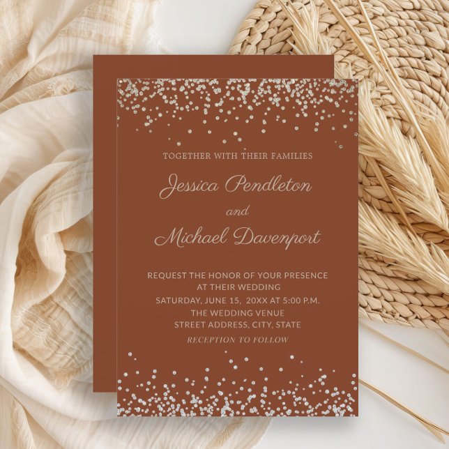 Den moderna Eleganten Terracotta Guld Glitter Bröl Inbjudningar (Terracotta wedding invitation with elegant script)