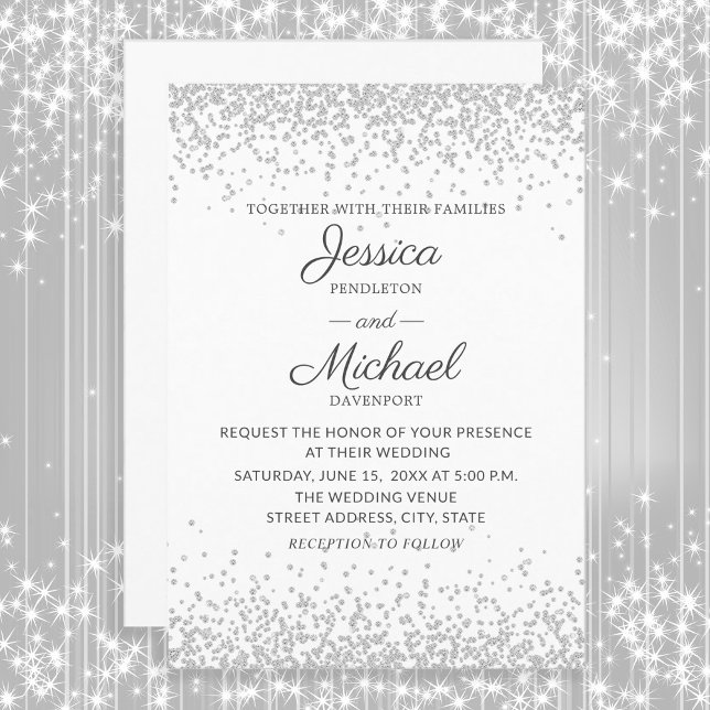 Den moderna Eleganten Vita Silver Glitter Bröllop Inbjudningar (White with silver glitter wedding invitation)