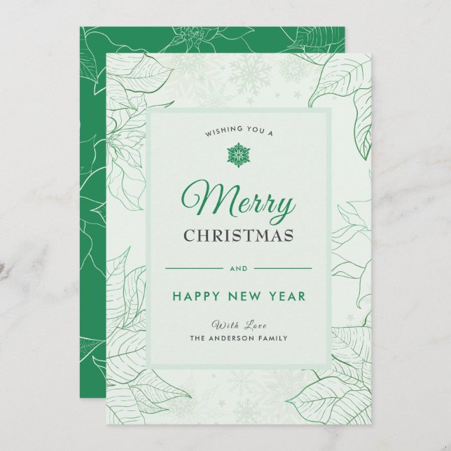 Den moderna Elegantens Blommigt Poinsettia Grönt j Julkort (Fram/baksida)