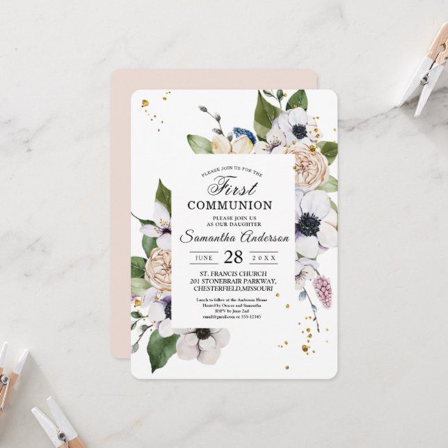 Den moderna Elegantens droppar Ram och Guld i Blom Inbjudningar (Fram/Back In Situ)