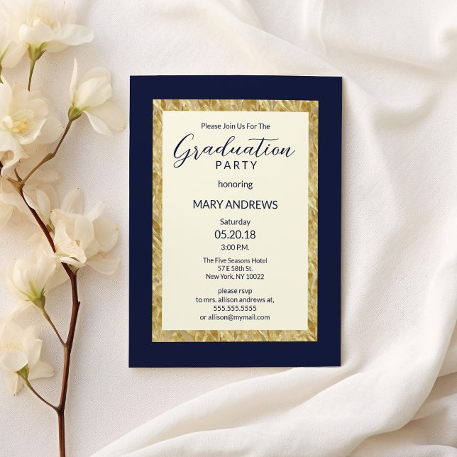 Den moderna elegantens elfenbensflotta guld Studen Inbjudningar (Modern elegant ivory navy blue gold Graduation )
