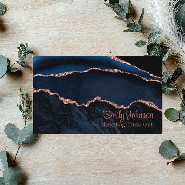 Den moderna Elegantens marinblå agate Ro Guld Glit Visitkort (Skapare uppladdad)