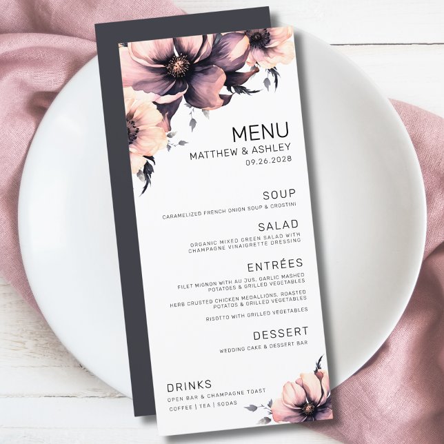 Den moderna Elegantens Rosa Blommigt Bröllop Meny (Unique Modern Elegant Floral Pink Black Wedding Menu)