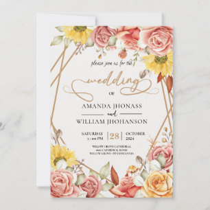 Den moderna Elegantens vattenfärg guld Blommigt br Inbjudningar