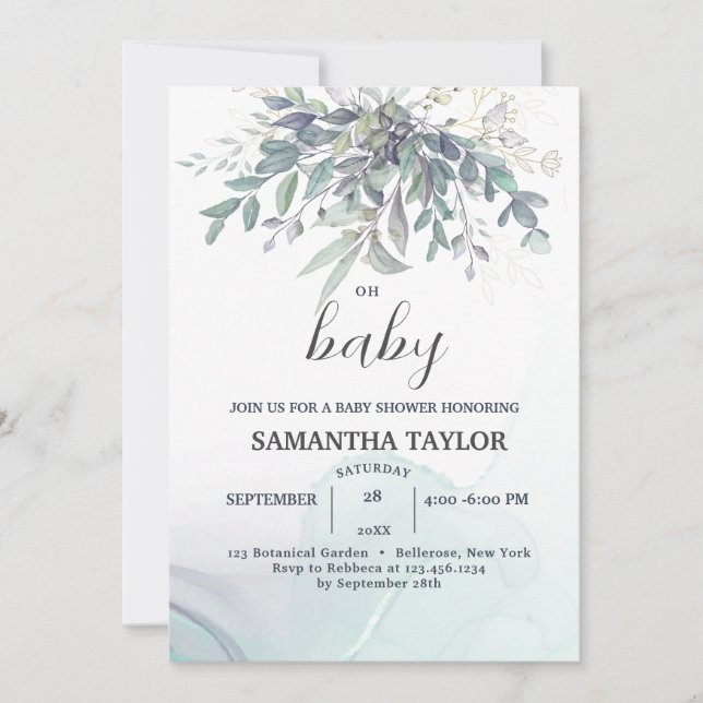 Den moderna eukalyptus Löv Baby Shower Inbjudningar (Framsida)