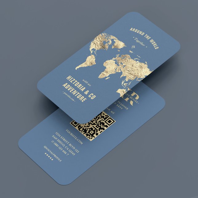 Den moderna färdplanen för blå Guld-världskartan Visitkort (Modern Travel Planner Blue Charcoal Gold World Map Business Card
)