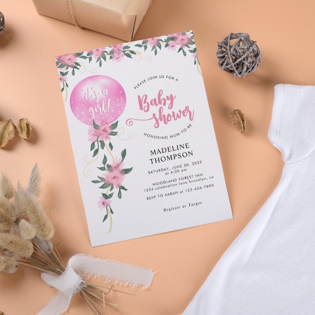 Den moderna Finare Rosa Blommigt Balloon Girl Baby Inbjudningar (Skapare uppladdad)