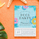 Den moderna födelsedagen Handflatan Löv och ananas Inbjudan Vykort<br><div class="desc">En roligt, en sommardesign med en bassäng som är frambyggd av handflatan fronder, utan bassäng flyter och en ananas bassäng flyter. Uppgifterna om party är indelade i två delar: inbjudan placeras i bassäng i modern typografi och uppgifterna om party nedan i en tydlig, boxad layout på en vit bakgrund. De...</div>