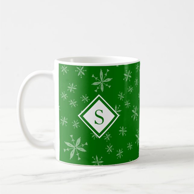 Den moderna Grönten Mönster Monogram, julsnöflake Kaffemugg (Vänster)